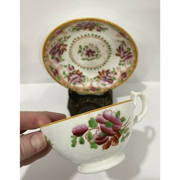 Gaudy Dutch Tea Cup & Saucer Set handpainted roses - Picture 4 of 9